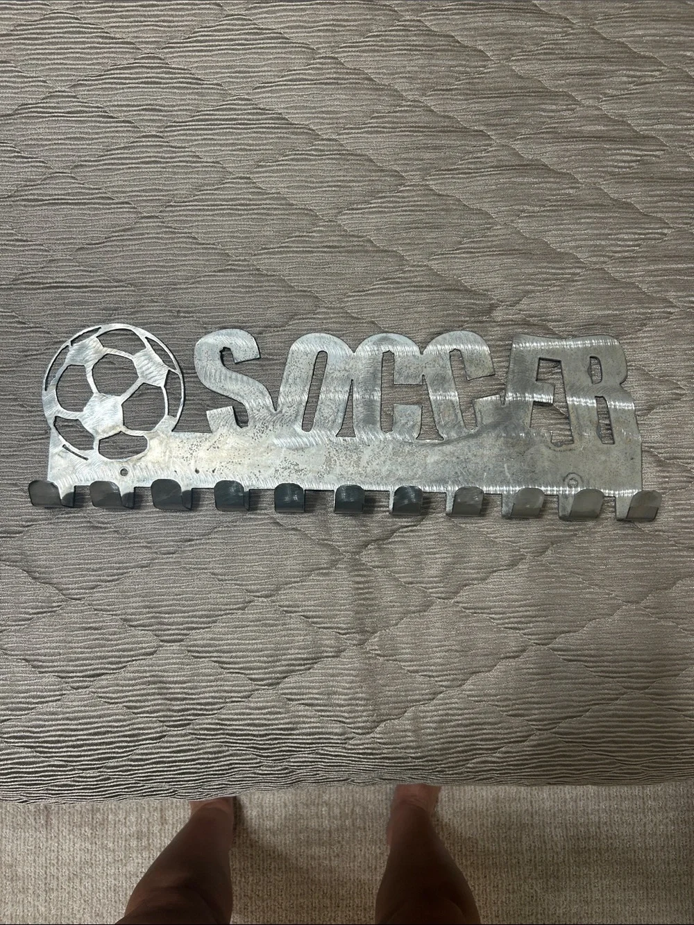 Metal Silver 'SOCCER' Wall Hook Rack with Soccer Ball Accent